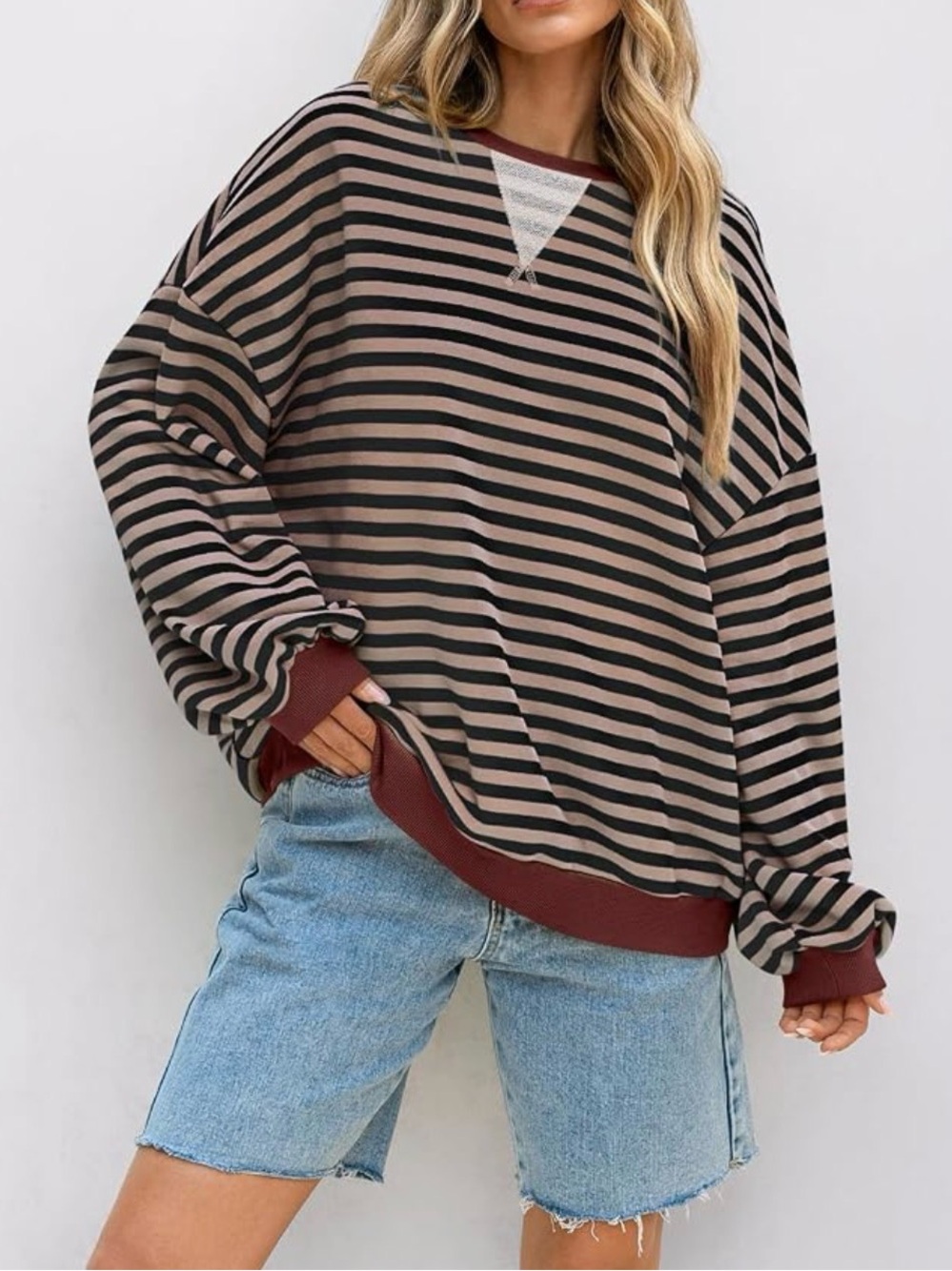 UE Striped Crewneck Sweater in Brown and Black with Burgundy Trim